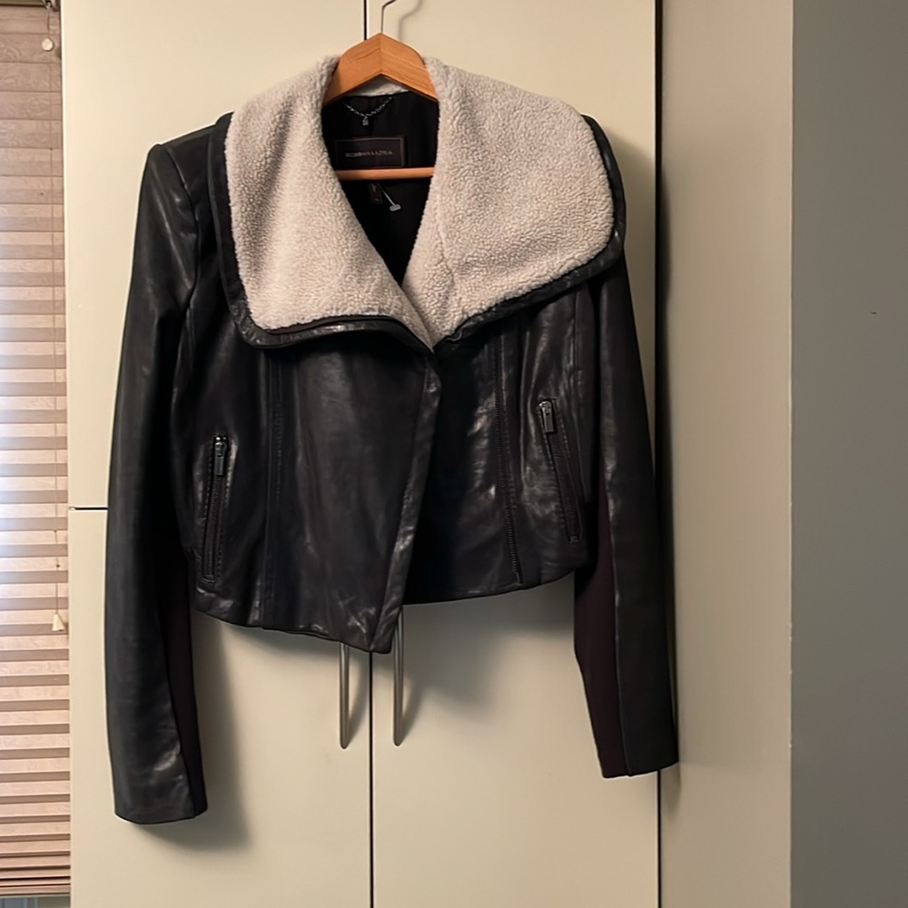 BCBG Max Azria, M, leather with Sherpa (fabric) collar,fitted,zip, bomber jacket